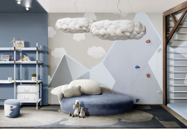 pokój przedszkolaka - dekoracja ze szczytami gór w chmurach