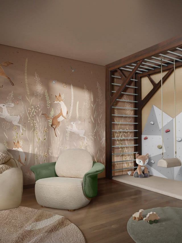 pokój dla dzieci z drabinką i ścianką wspinaczkową