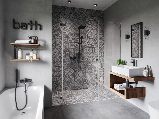 mozaika na scianie i podłodze pod prysznicem, deszczownica w kolorze czarnym, wanna, umywalka nablatowa, lustro