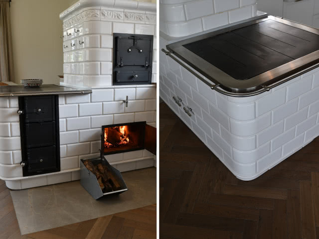 drewniana podłoga ułożona w jodełkę, piec kaflowy, ogień