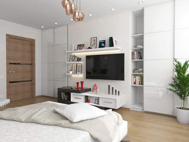 Nowoczesna sypialnia z telewizorem zamontowanym na ścianie naprzeciw łóżka