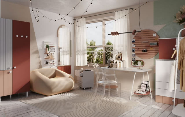 pokój nastolatka, z lewej sofa, z prawej biurko