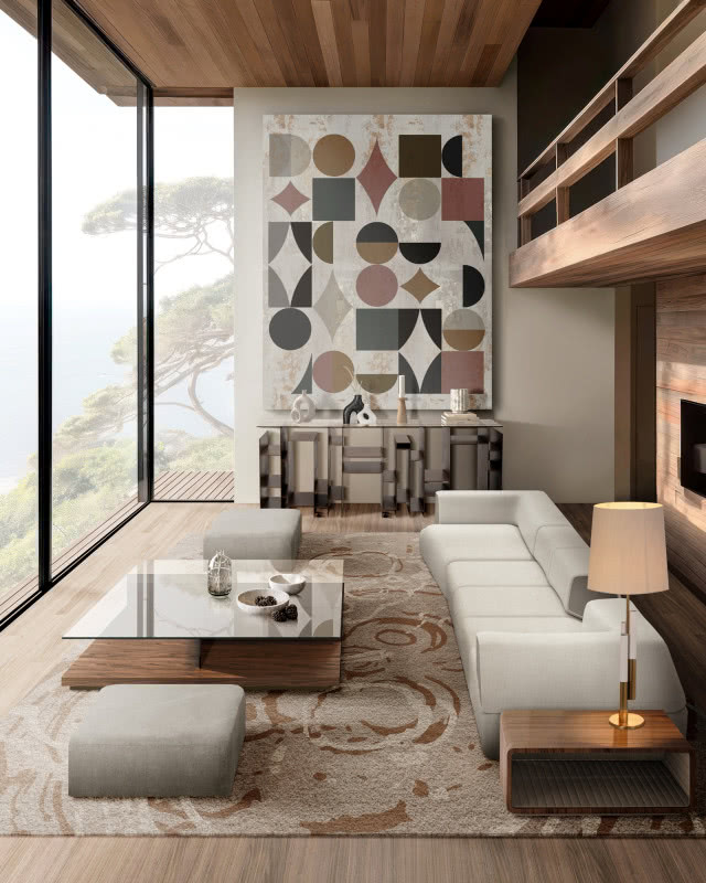 wnętrze monochromatyczne z dużą sofą, ujęcie lekko z góry