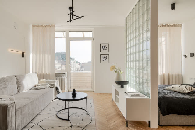 Minimalistyczny salon ze ścianką z luksferów