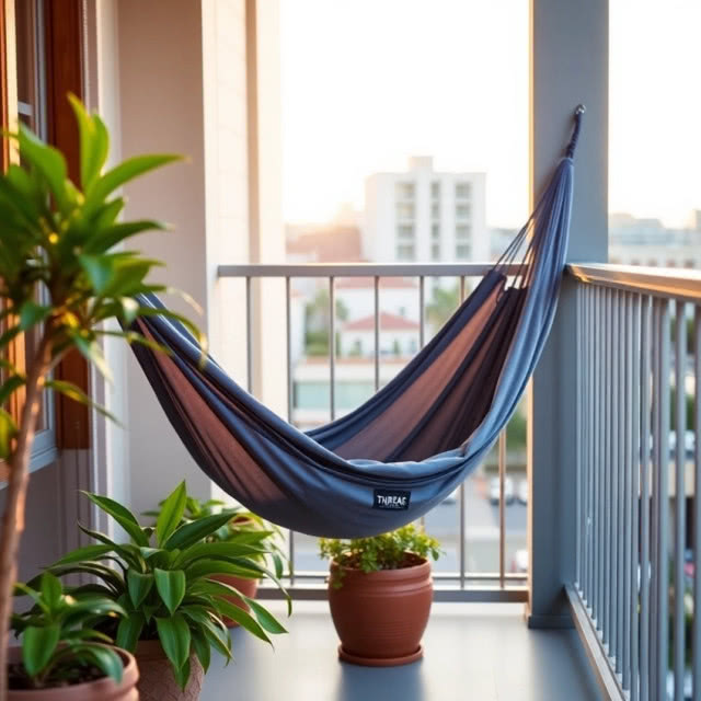 hamak granatowy na balkonie