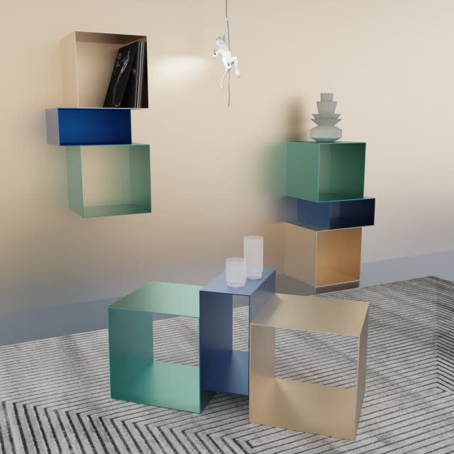 półki wiszące, stojące regaliki i siedziska