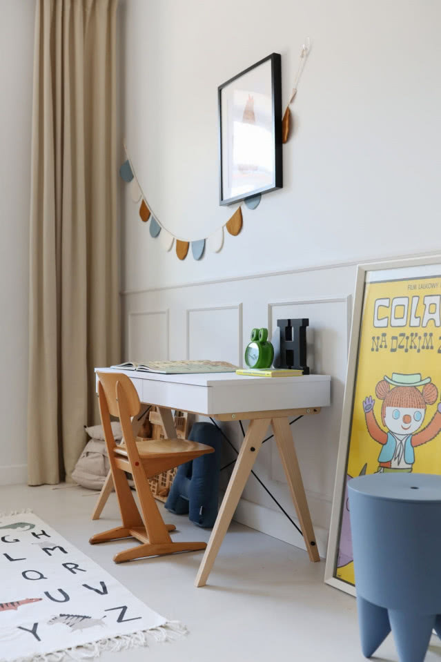 białe biurko z drewnianymi nogami ukazane z boku