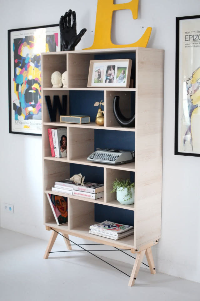 regał i dwa obrazy powieszone po jego bokach