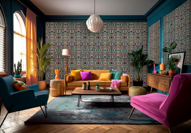 salon, kanapa musztardowa, fotele niebieski i amarantowy, poduszki w tych samych kolorach