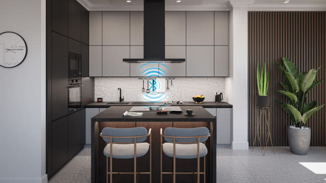 okap, płyta grzewcza, wyspa kuchenna, czarne meble kuchenne krzesła, bluetooth, zielone kwiaty w doniczce, lamele na ścianie