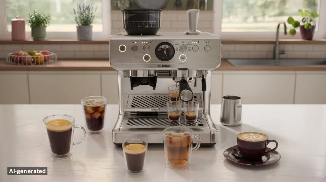 Półautomatyczny ekspres ciśnieniowy Bosch HomeCafé Serie 4 z młynkiem podczas przygotowywania różnych rodzajów kawy.