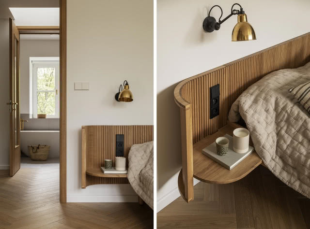 Drewniany zagłówek łóżka z lamelami