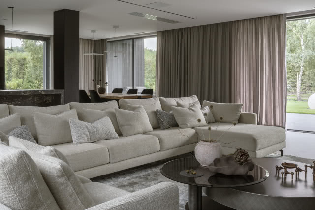 Duży salon z jasną kanapą