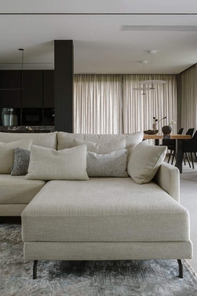 Duży salon z jasną kanapą