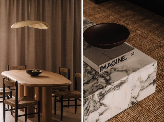 drewniany stół w jadalni i marmurowy stolik do salonu