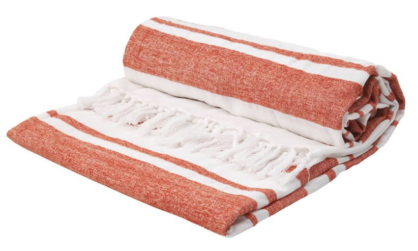 Biały bawełniany pled w kolorowe pasy, Z...