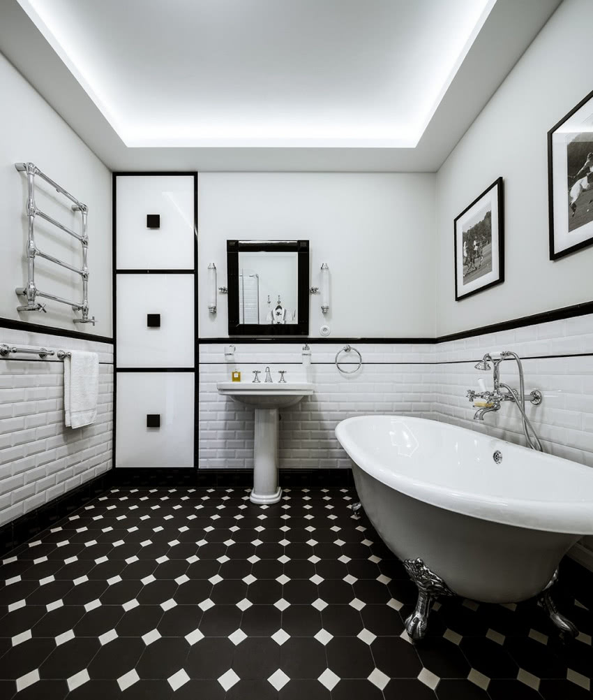 Elegancka, czarno-biała łazienka w stylu...