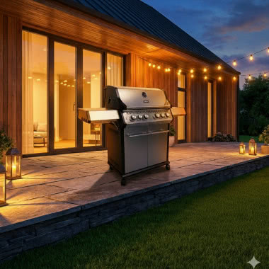 Grill gazowy Premium PROLINE 40212 na nowoczesnym tarasie przed drewnianym domem, oświetlonym dekoracyjnymi girlandami po zmroku.