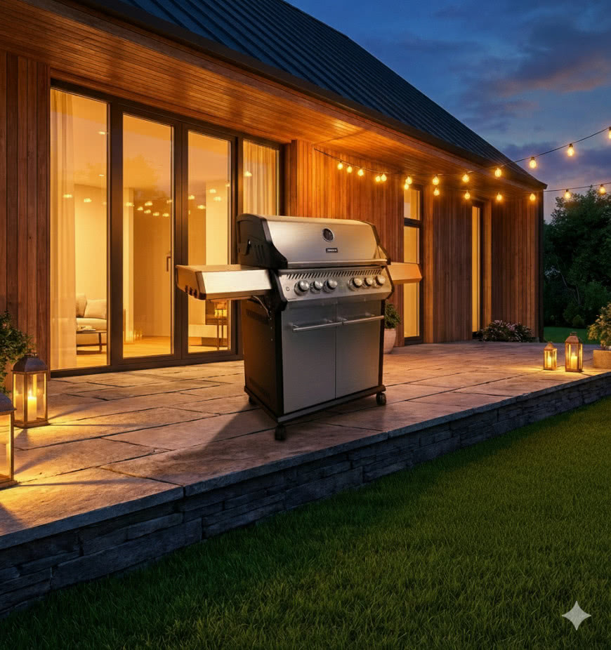 Grill gazowy Premium PROLINE 40212 na nowoczesnym tarasie przed drewnianym domem, oświetlonym dekoracyjnymi girlandami po zmroku.