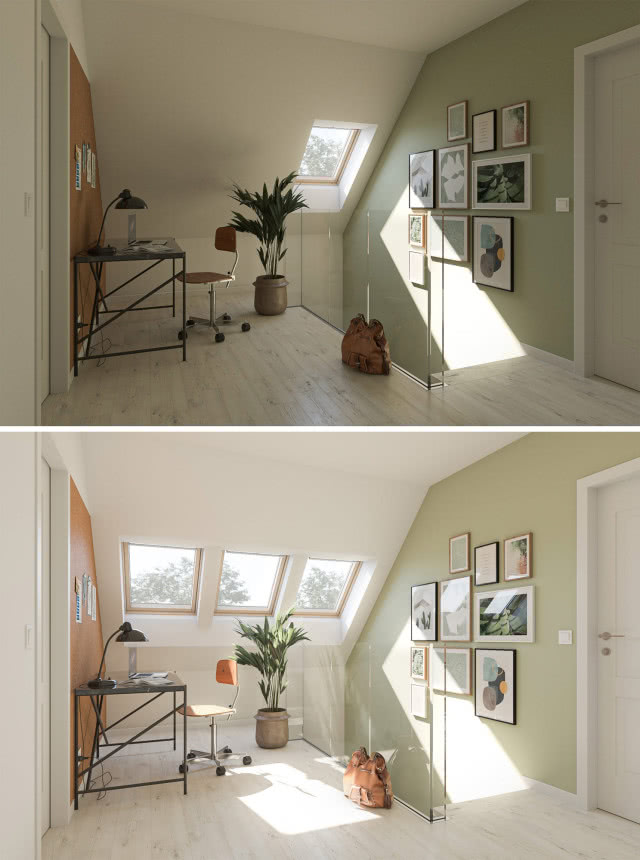 okna dachowe, biurko, krzesło obrotowe, kwiat w doniczce, obrazy, plecak, schody, drzwi