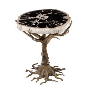 stolik kawowy o mosiężnej podstawie i z blatem
ze skamieniałego drewna