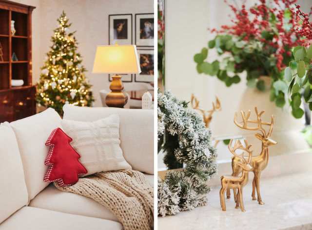 poduszki ozdobne, kanapa, koc, choinka, lampa stołowa, obrazy, witryna, figurki jeleni, wieniec bożonarodzeniowy, lustro