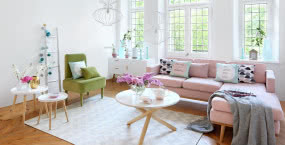 Sofa Bolton i fotel Pastel, sofa w tkaninie poliestrowej, fotel aksamitny, WESTWING
