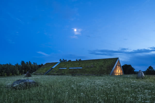 Dach porośnięty trawą widziany z łąki.