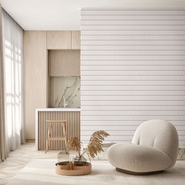 lamele w kuchni, wyspa kuchenna, stołek barowy, firany, zasłony, fotel, taca z wazonami, jodełka na podłodze