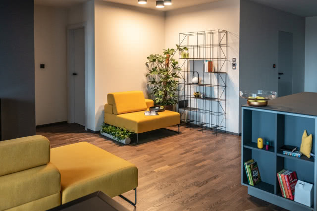 Żółte akcenty na szarym tle