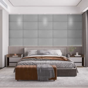 Ściana za łóżkiem w ponadczasowej formie - panele kwarcowe