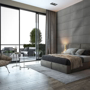 Ściana za łóżkiem w ponadczasowej formie - panele kwarcowe