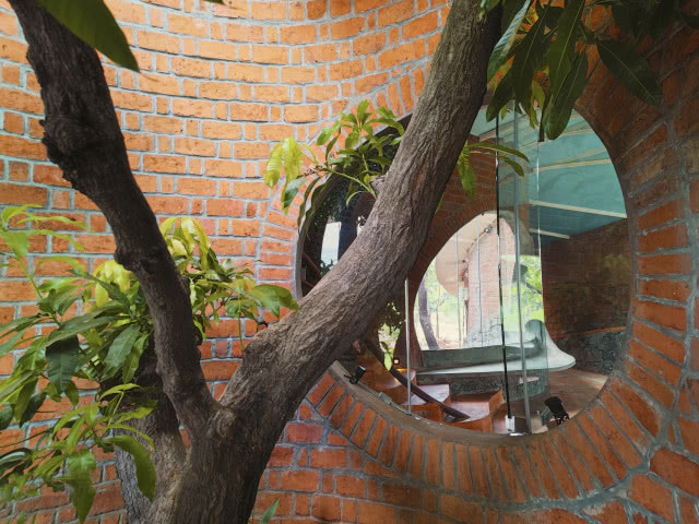 półokrągły mur z oknem z pniem drzewa