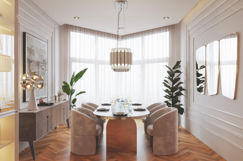 Sztukaterie, lustro, wisząca nad stołem lampa i...