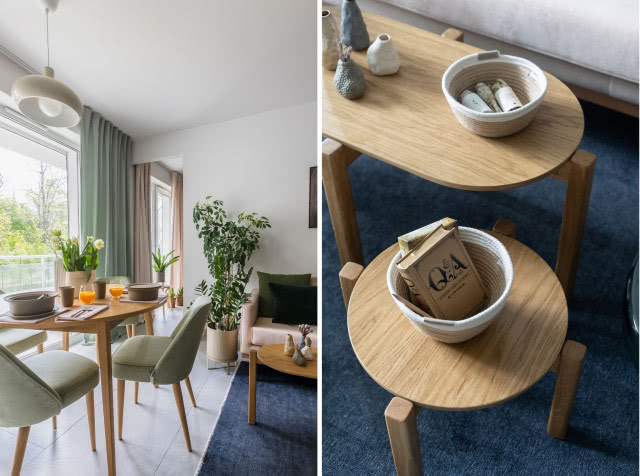 Salon urządzony w odcieniach niebieskiego i zieleni