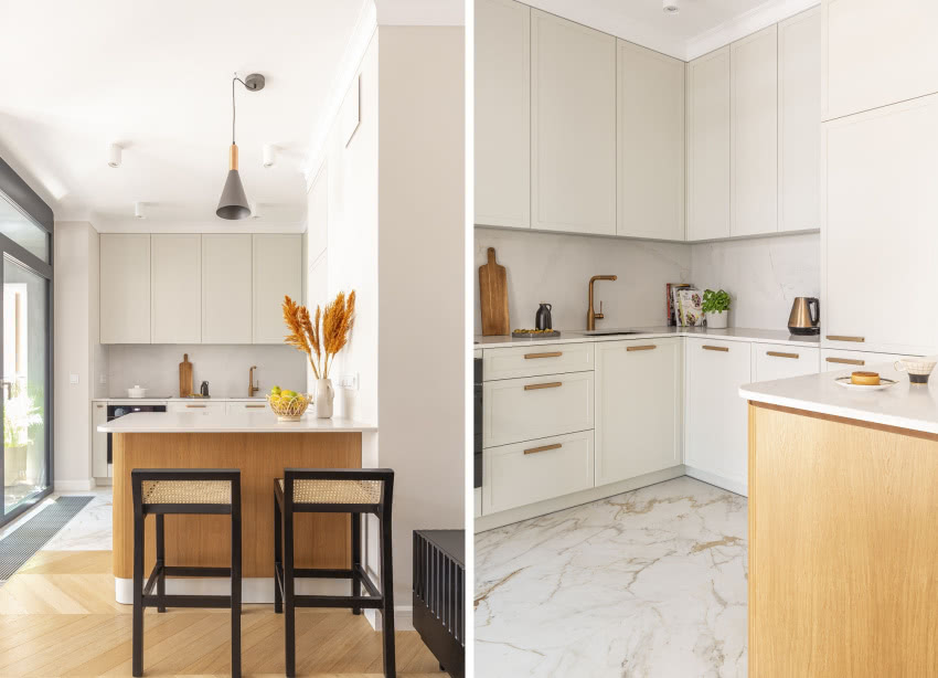 Kuchnia ma kształt litery L z dodatkowym blatem...