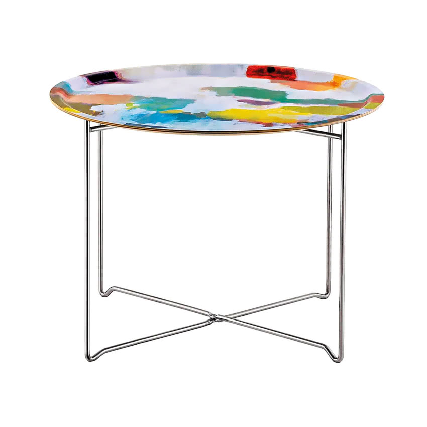 Stolik metalowy z tacą Nevis, okleina brzozowa,...