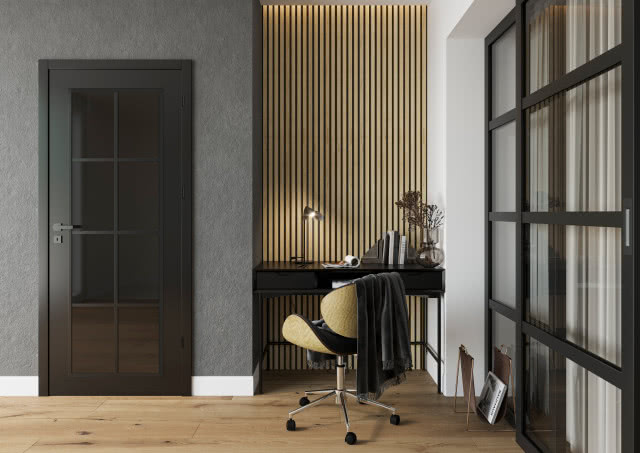 Nowość - skrzydło przylgowe Perla, dekor na aranżacji: czarny mat, szyba Dark Grey (opcja za dopłatą) z czarnymi szprosami naklejanymi na szybę