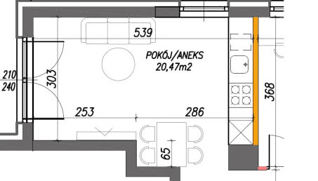 Salon i aneks w niedużym pomieszczeniu