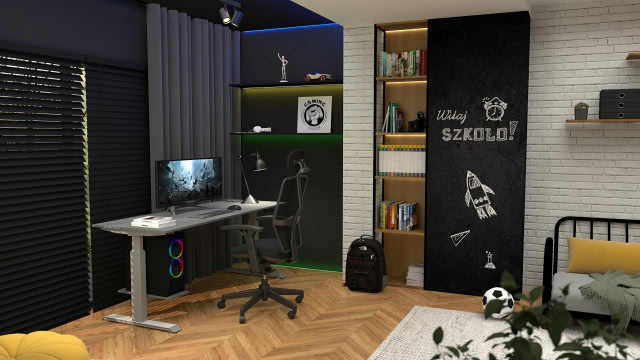 biurko, krzesło obrotowe, żaluzje, plecak, cegła na ścianie, łóżko, poduszki ozdobne, piłka, dywan, półki