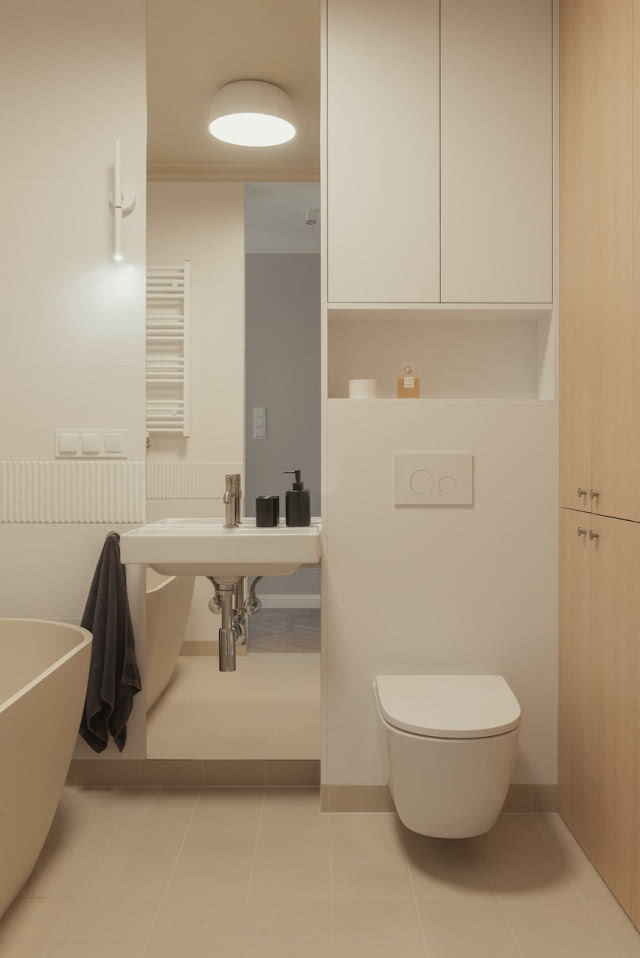 beżowa łazienka z zabudową na wymiar