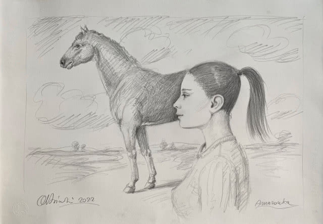 Rafał Olbiński (1943). Tytuł pracy: "Amazonka" 2022,  ołówek/papier. Wysokość 50 cm,   szerokość 70 cm. 