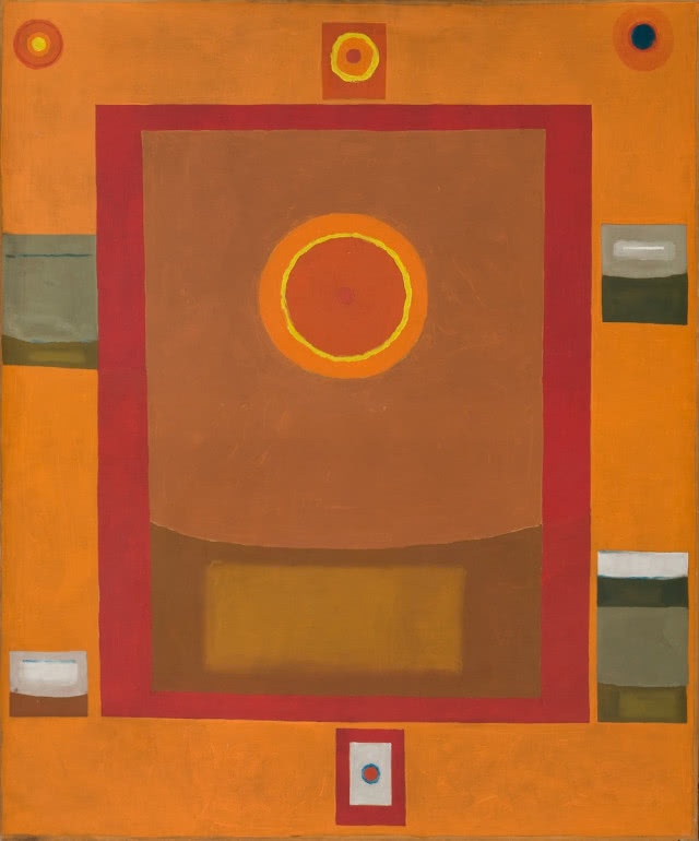 kwadrat w czerwonej ramie, z kulą niczym słońce