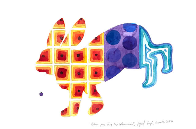 Ryszard Grzyb (1956) "Pędząc przez łąkę bez zastanowienia" 2022, akwarela/papier. Wysokość: 46 cm, szerokość: 30,5 cm.
