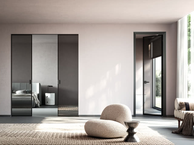 drzwi przesuwne szklane, fotel, sypialnia, łazienka