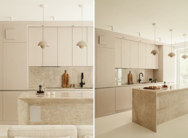 Beżowa kuchnia z kamienną wyspą