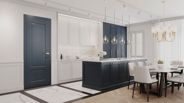 grafitowe drzwi, grafitowa wyspa kuchenna z białym blatem, białe i grafitowe meble kuchenne lampy wiszące, duży stół z krzesłami