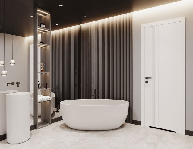 wanna wolnostojąca, białe drzwi, umywalka, lampy wiszące, halogeny, lamele na ścianie