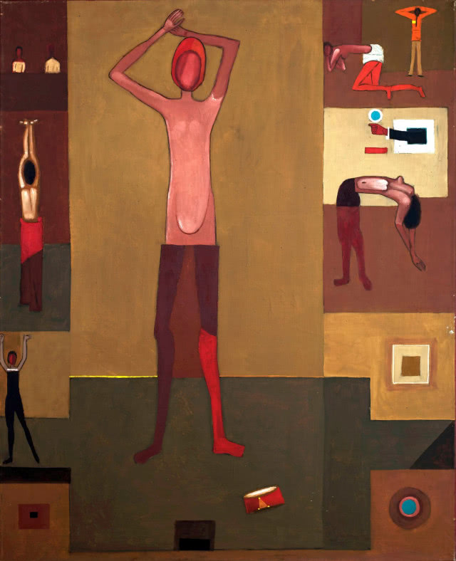 w centrum jedna kobieta, w kwadratach dookoła niej różne postacie wykonujące różne ćwiczenia