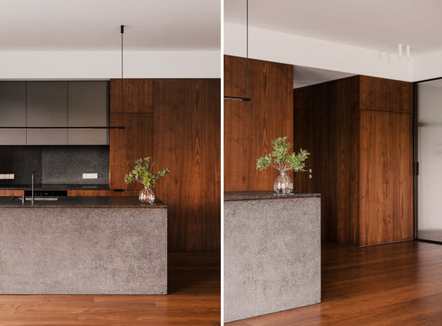 drewniana kuchnia w orzechowym drewnie i kamieniu